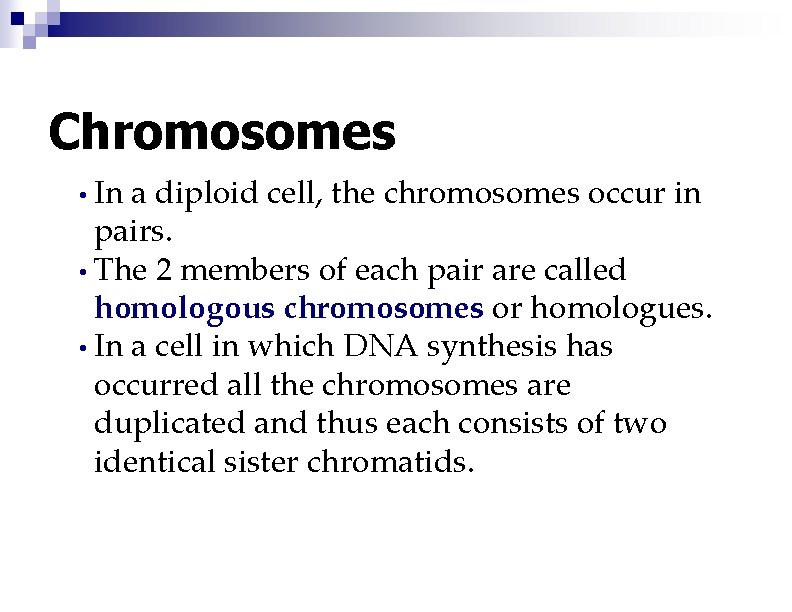 Chromosomes • In a diploid cell, the chromosomes occur in pairs. • The 2