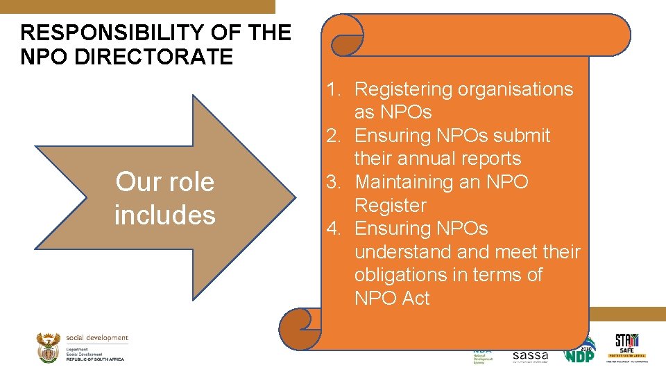 RESPONSIBILITY OF THE NPO DIRECTORATE Our role includes 1. Registering organisations as NPOs 2.