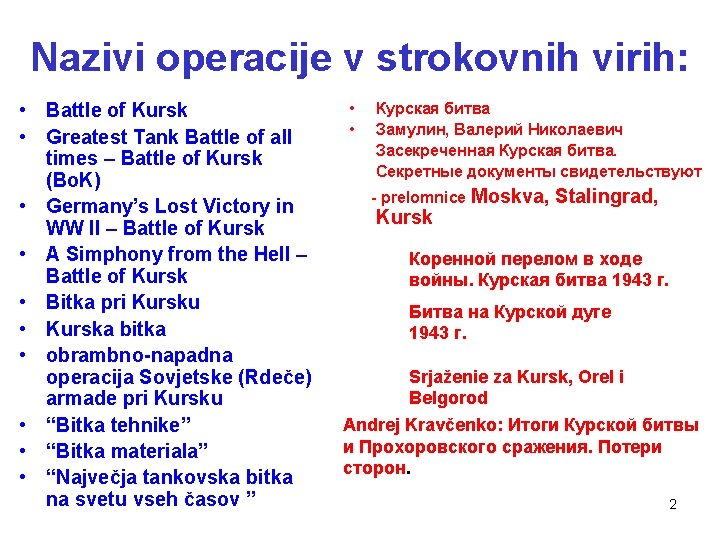 Nazivi operacije v strokovnih virih: • Battle of Kursk • Greatest Tank Battle of Nazivi operacije v strokovnih virih: • Battle of Kursk • Greatest Tank Battle of