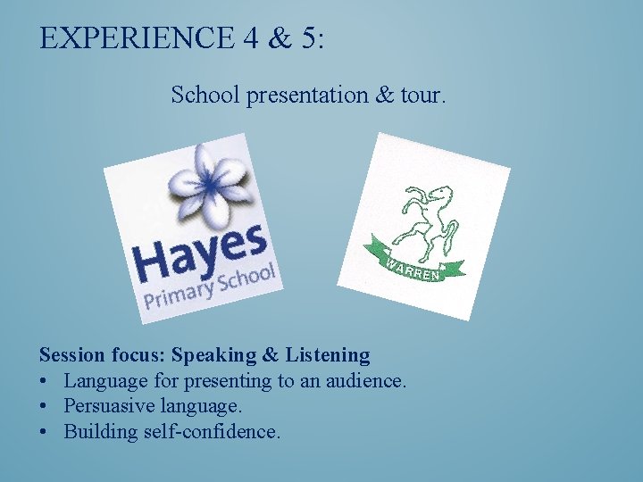 EXPERIENCE 4 & 5: School presentation & tour. Session focus: Speaking & Listening •