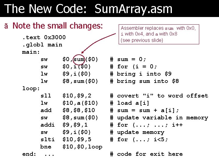 The New Code: Sum. Array. asm ã Note the small changes: . text 0