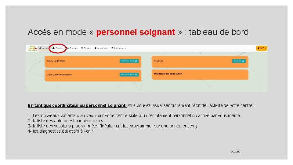 Accès en mode « personnel soignant » : tableau de bord En tant que