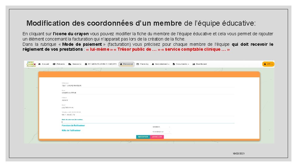 Modification des coordonnées d’un membre de l’équipe éducative: En cliquant sur l’icone du crayon