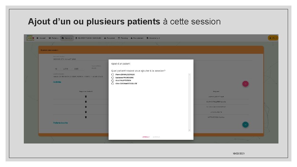 Ajout d’un ou plusieurs patients à cette session 18/02/2021 