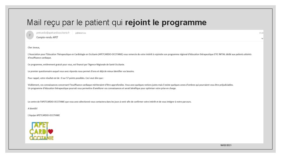 Mail reçu par le patient qui rejoint le programme 18/02/2021 