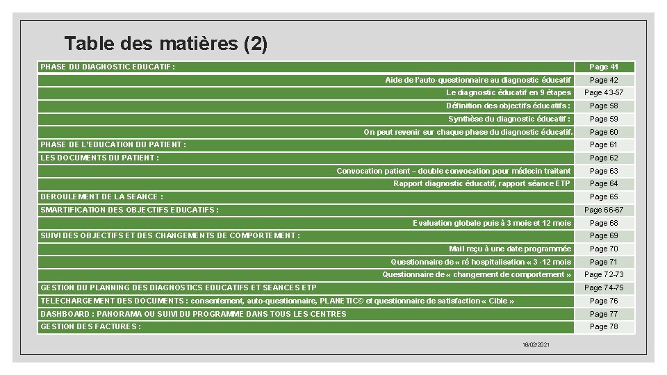 Table des matières (2) PHASE DU DIAGNOSTIC EDUCATIF : Page 41 Aide de l’auto-questionnaire