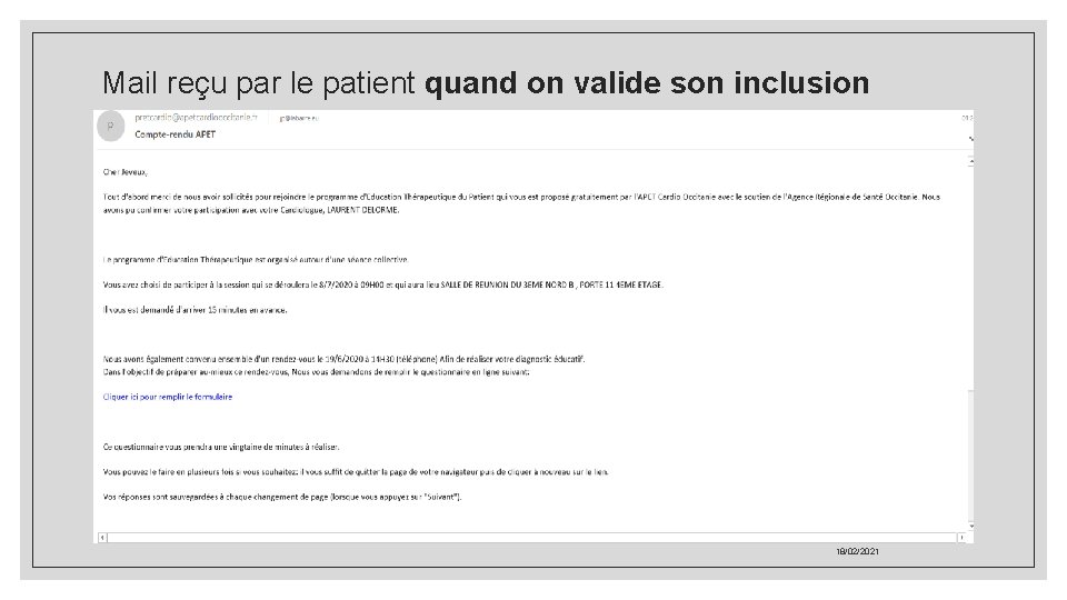 Mail reçu par le patient quand on valide son inclusion 18/02/2021 