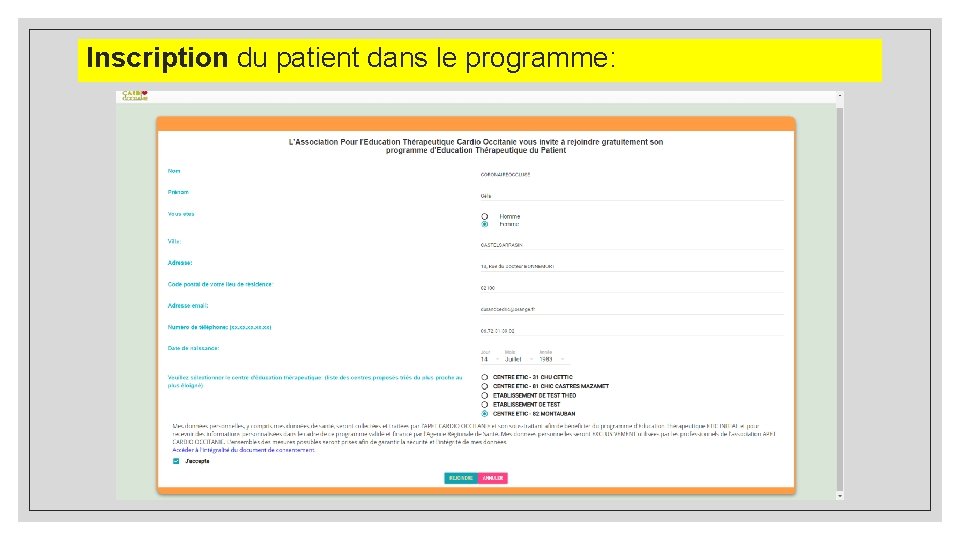 Inscription du patient dans le programme: 18/02/2021 