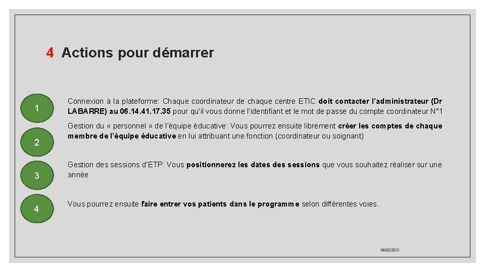 4 Actions pour démarrer 1 2 3 4 Connexion à la plateforme: Chaque coordinateur