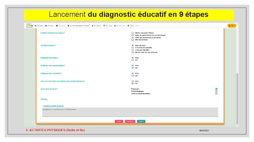 Lancement du diagnostic éducatif en 9 étapes 4 - ACTIVITES PHYSIQUES (Suite et fin)