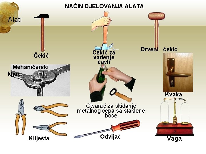 NAČIN DJELOVANJA ALATA Alati Čekić Mehaničarski ključ Čekić za vađenje čavli Drveni čekić Kvaka