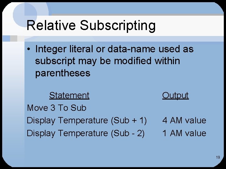 Relative Subscripting • Integer literal or data-name used as subscript may be modified within