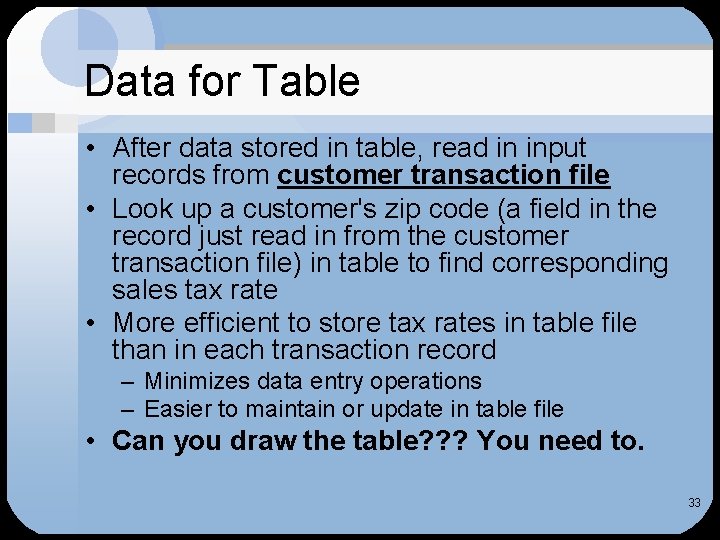 Data for Table • After data stored in table, read in input records from