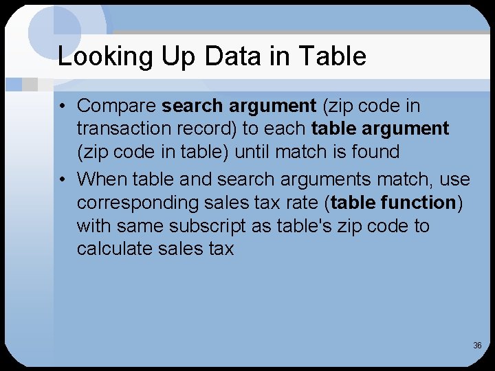 Looking Up Data in Table • Compare search argument (zip code in transaction record)