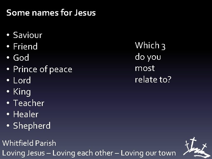 Some names for Jesus • • • Saviour Friend God Prince of peace Lord