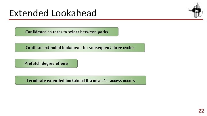 Extended Lookahead Confidence counter to select between paths Continue extended lookahead for subsequent three