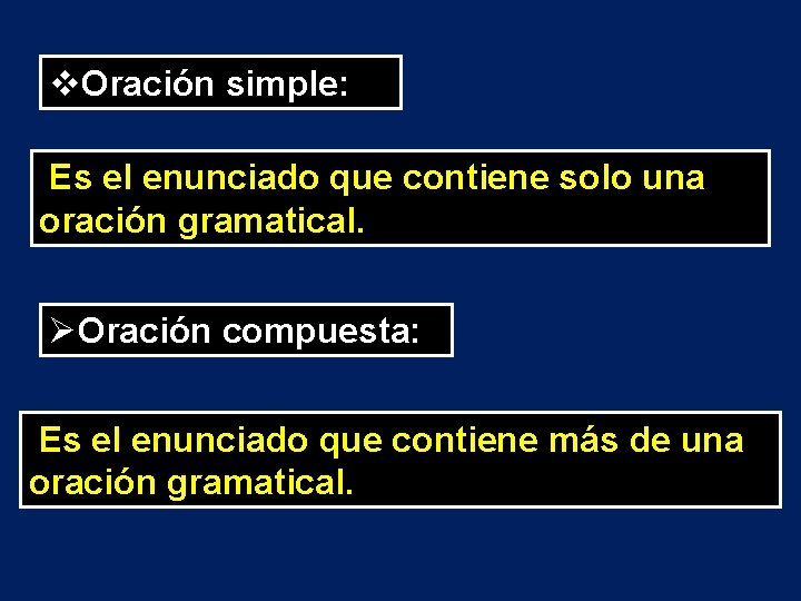 v. Oración simple: Es el enunciado que contiene solo una oración gramatical. ØOración compuesta: