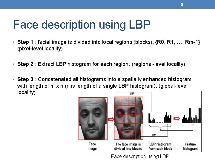 8 Face description using LBP • Step 1 : facial image is divided into