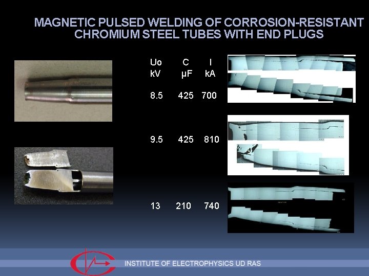 MAGNETIC PULSED WELDING OF CORROSION-RESISTANT CHROMIUM STEEL TUBES WITH END PLUGS Uo k. V
