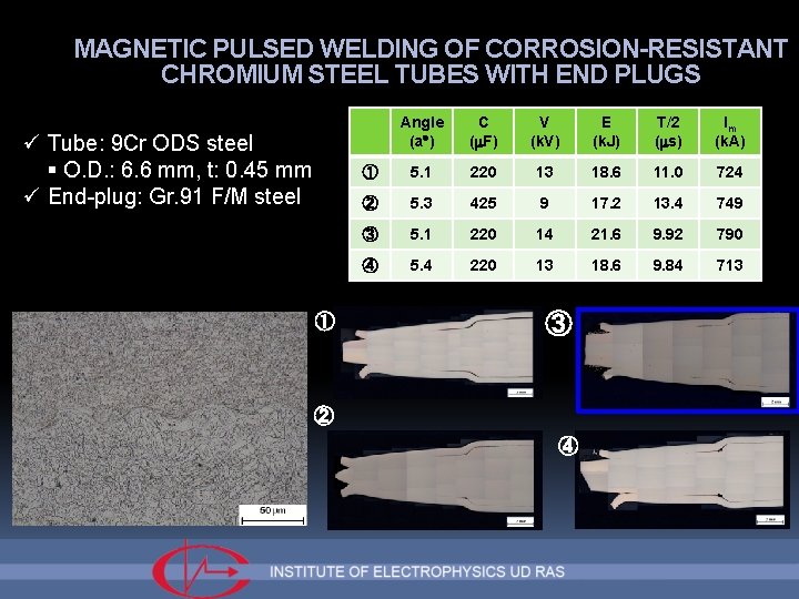 MAGNETIC PULSED WELDING OF CORROSION-RESISTANT CHROMIUM STEEL TUBES WITH END PLUGS ü Tube: 9