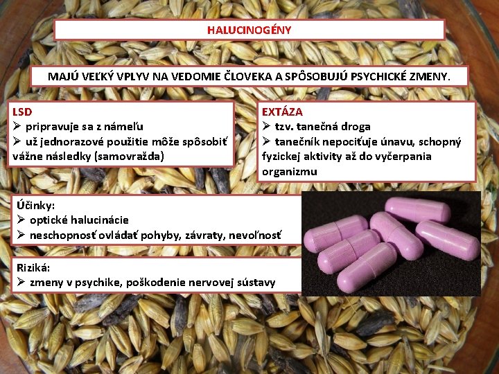 HALUCINOGÉNY MAJÚ VEĽKÝ VPLYV NA VEDOMIE ČLOVEKA A SPÔSOBUJÚ PSYCHICKÉ ZMENY. LSD Ø pripravuje