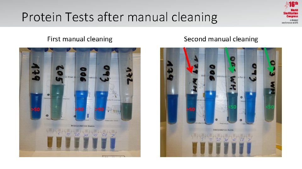 Protein Tests after manual cleaning First manual cleaning >50 >50 Second manual cleaning >50