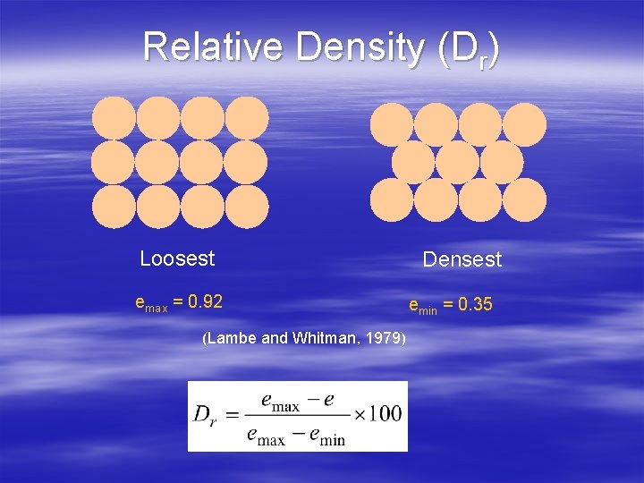 Relative Density (Dr) Loosest emax = 0. 92 (Lambe and Whitman, 1979) Densest emin