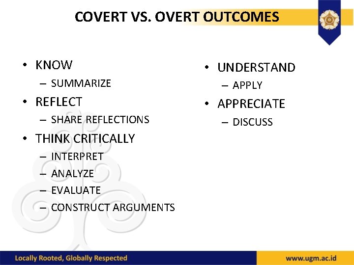 COVERT VS. OVERT OUTCOMES • KNOW – SUMMARIZE • REFLECT – SHARE REFLECTIONS •