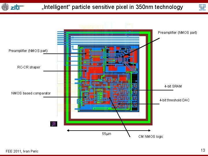 „Intelligent“ particle sensitive pixel in 350 nm technology Preamplifier (NMOS part) RC-CR shaper 4