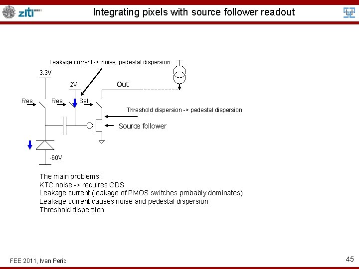 Integrating pixels with source follower readout Leakage current -> noise, pedestal dispersion 3. 3