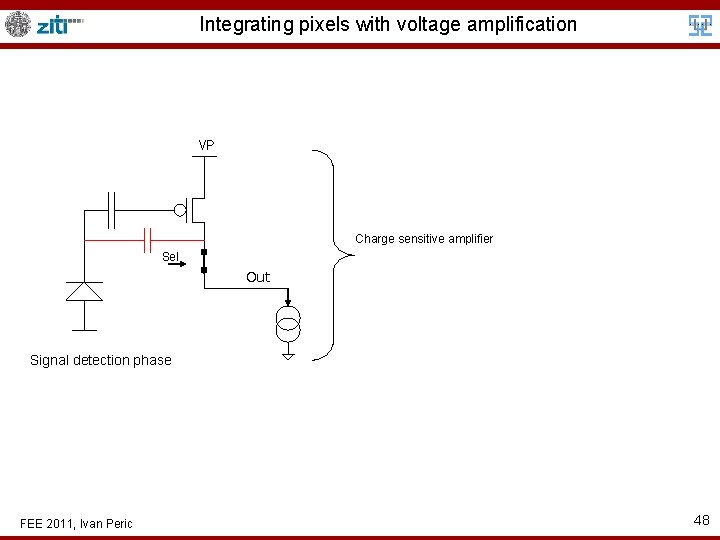 Integrating pixels with voltage amplification VP Charge sensitive amplifier Sel Out Signal detection phase