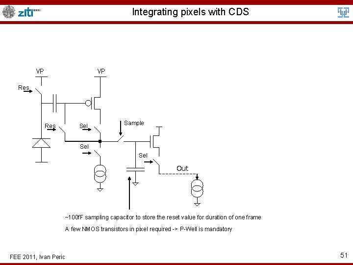 Integrating pixels with CDS VP VP Res Sel Sample Sel Out ~100 f. F