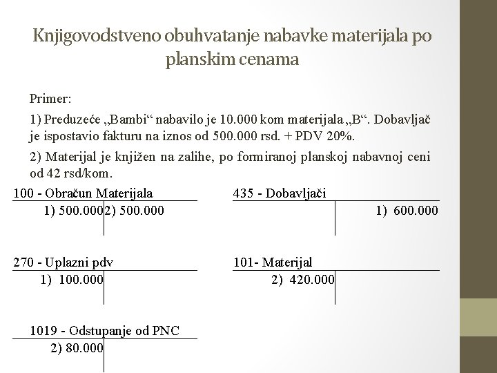 Knjigovodstveno obuhvatanje nabavke materijala po planskim cenama Primer: 1) Preduzeće „Bambi“ nabavilo je 10.