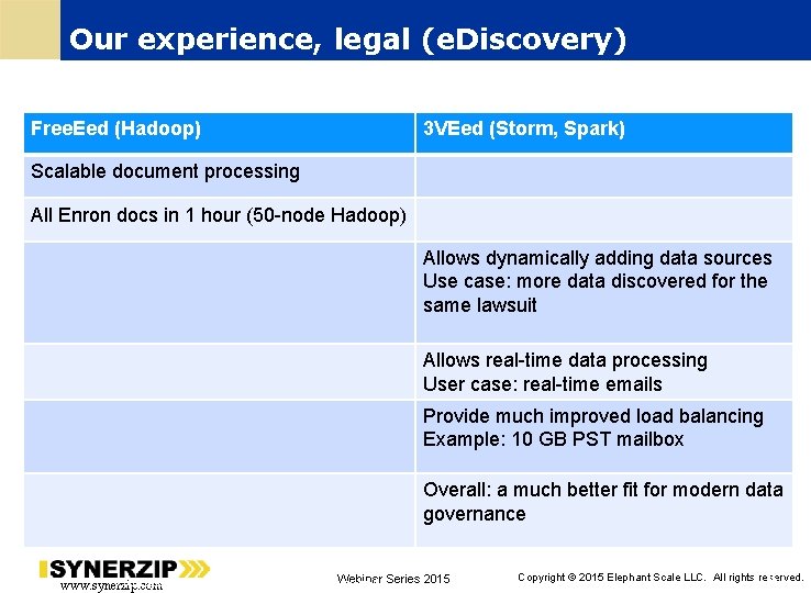 Our experience, legal (e. Discovery) Free. Eed (Hadoop) 3 VEed (Storm, Spark) Scalable document