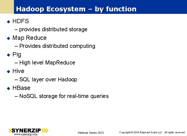 Hadoop Ecosystem – by function HDFS – provides distributed storage Map Reduce – Provides