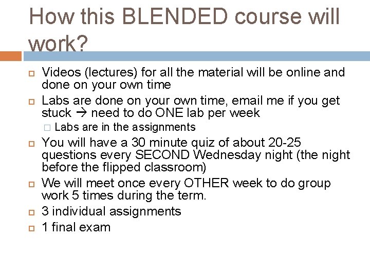 How this BLENDED course will work? Videos (lectures) for all the material will be