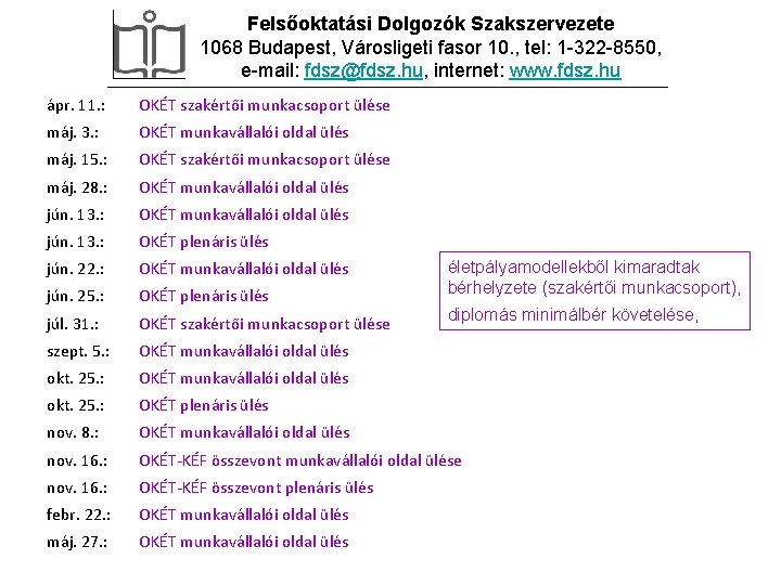 Felsőoktatási Dolgozók Szakszervezete 1068 Budapest, Városligeti fasor 10. , tel: 1 -322 -8550, e-mail: