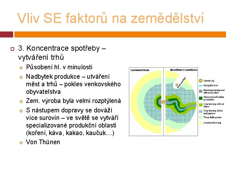 Vliv SE faktorů na zemědělství 3. Koncentrace spotřeby – vytváření trhů Působení hl. v