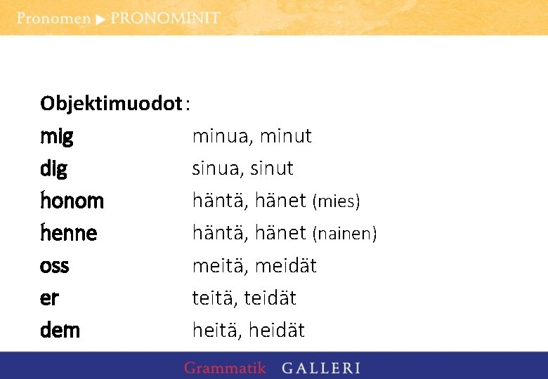 Objektimuodot: mig minua, minut dig sinua, sinut honom häntä, hänet (mies) henne häntä, hänet