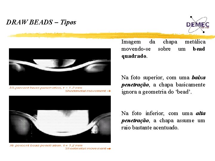 DRAW BEADS – Tipos Imagem da chapa metálica movendo-se sobre um bead quadrado. Na