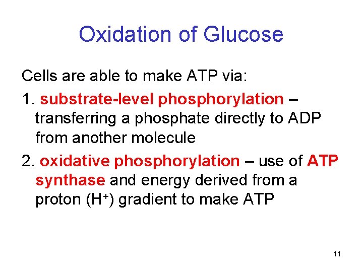 Oxidation of Glucose Cells are able to make ATP via: 1. substrate-level phosphorylation – Oxidation of Glucose Cells are able to make ATP via: 1. substrate-level phosphorylation –