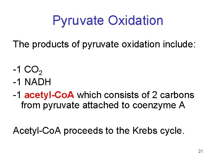 Pyruvate Oxidation The products of pyruvate oxidation include: -1 CO 2 -1 NADH -1 Pyruvate Oxidation The products of pyruvate oxidation include: -1 CO 2 -1 NADH -1