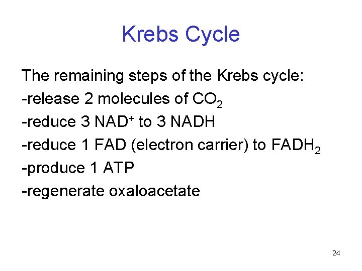Krebs Cycle The remaining steps of the Krebs cycle: -release 2 molecules of CO Krebs Cycle The remaining steps of the Krebs cycle: -release 2 molecules of CO