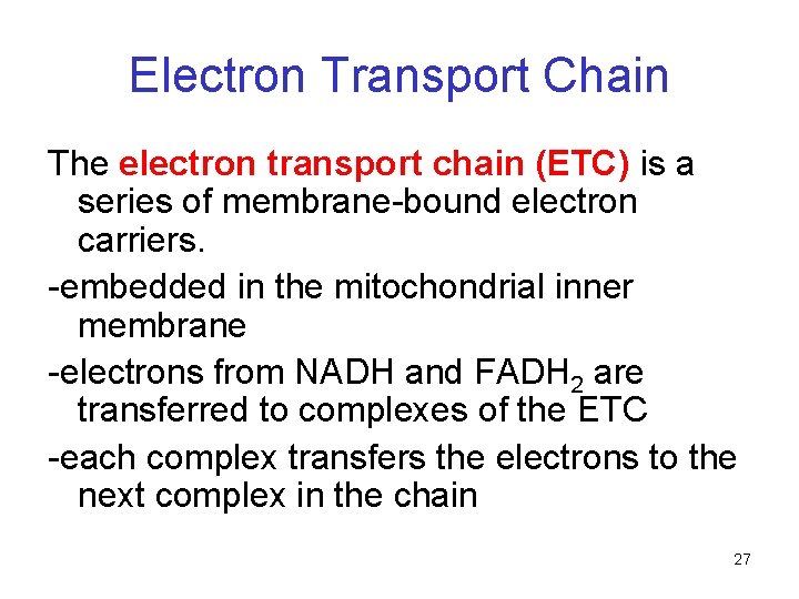 Electron Transport Chain The electron transport chain (ETC) is a series of membrane-bound electron Electron Transport Chain The electron transport chain (ETC) is a series of membrane-bound electron