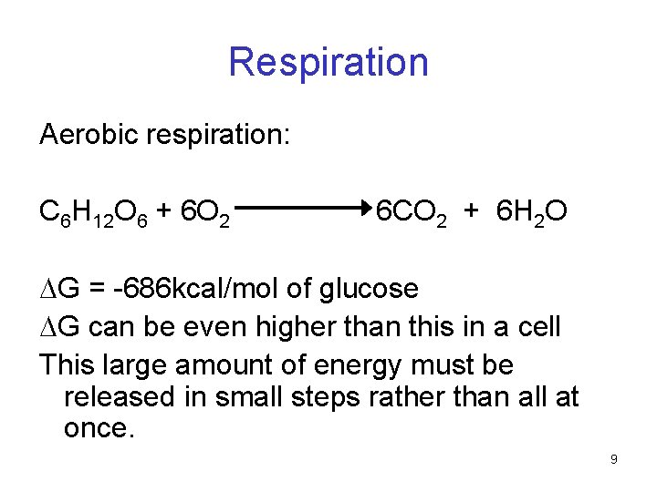 Respiration Aerobic respiration: C 6 H 12 O 6 + 6 O 2 6 Respiration Aerobic respiration: C 6 H 12 O 6 + 6 O 2 6