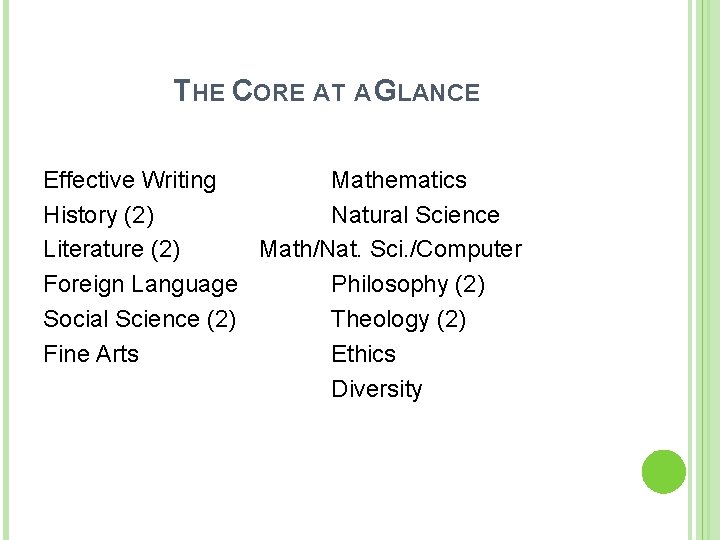 THE CORE AT A GLANCE Effective Writing Mathematics History (2) Natural Science Literature (2)
