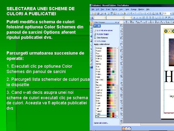 SELECTAREA UNEI SCHEME DE CULORI A PUBLICATIEI Puteti modifica schema de culori folosind optiunea