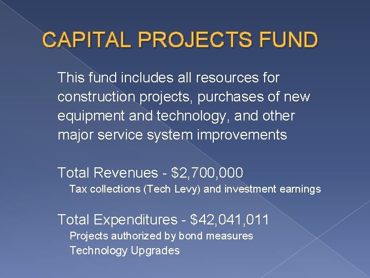 CAPITAL PROJECTS FUND This fund includes all resources for construction projects, purchases of new