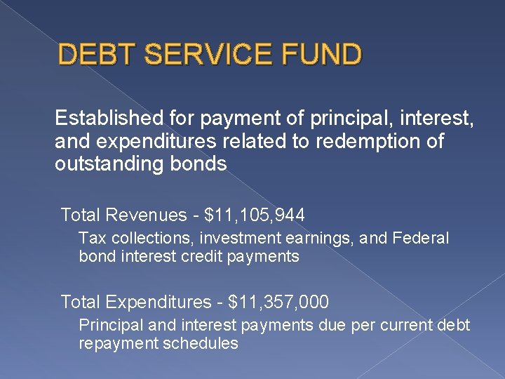 DEBT SERVICE FUND Established for payment of principal, interest, and expenditures related to redemption