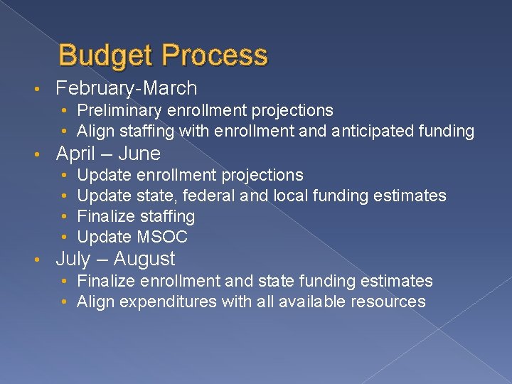 Budget Process • February-March • Preliminary enrollment projections • Align staffing with enrollment and